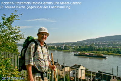 Jakobsweg Pilger Rhein Mosel Lahn Koblenz Stolzenfels St. Menas Kirche Trond Muri Pilger aus Oslo auf dem Weg nach Bethlehem